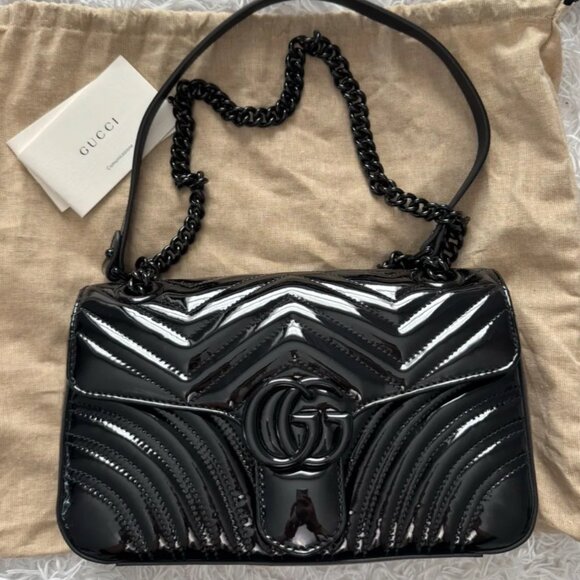 Gucci Black matelassé chevron Patent leather small Marmont Bag - Picture 1 of 9